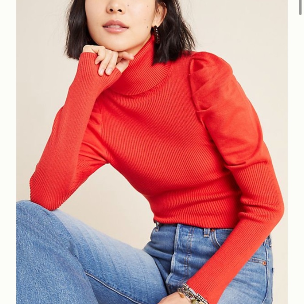 Anthropologie Cecilia Red Puff Sleeve Rib Sweater - Picture 1 of 7
